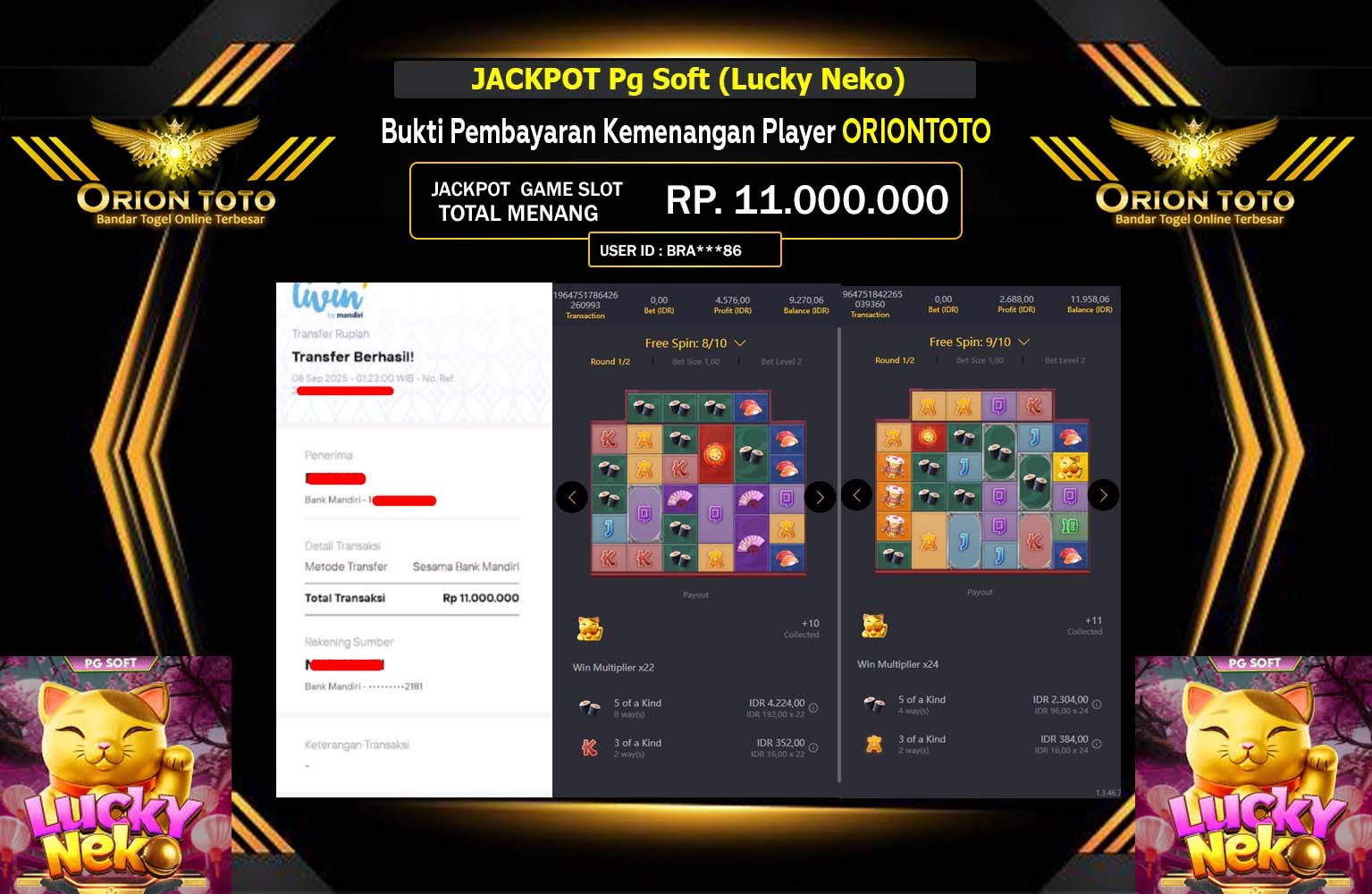 ORIONTOTO JACKPOT Pg Soft (Lucky Neko) Rp.11.000.000,- LUNAS