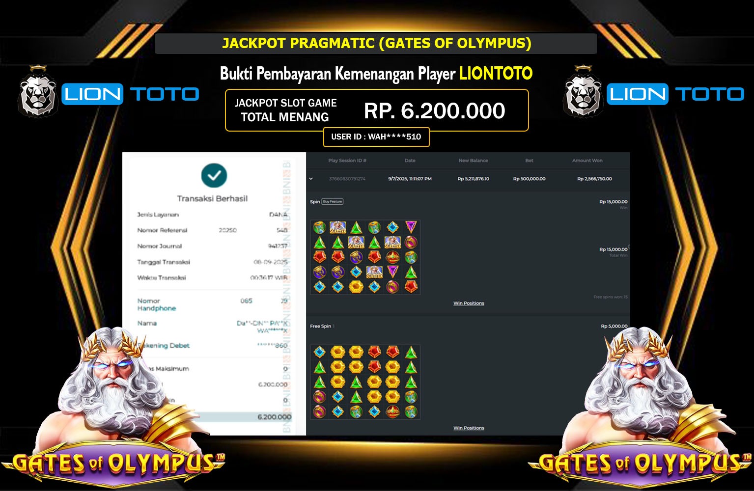 LIONTOTO JACKPOT PRAGMATIC (GATES OF OLYMPUS) Rp.6.200.000,- LUNAS