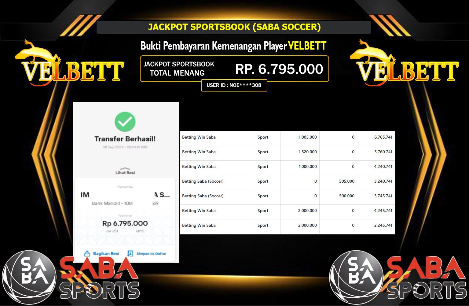 VELBETT JACKPOT SPORTSBOOK (SABA SOCCER) Rp.6.795.000,- LUNAS