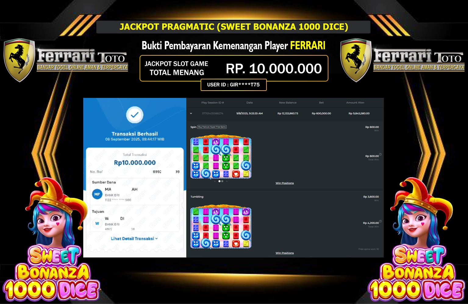 FERRARITOTO JACKPOT PRAGMATIC (SWEET BONANZA 1000 DICE) Rp.10.000.000,- LUNAS