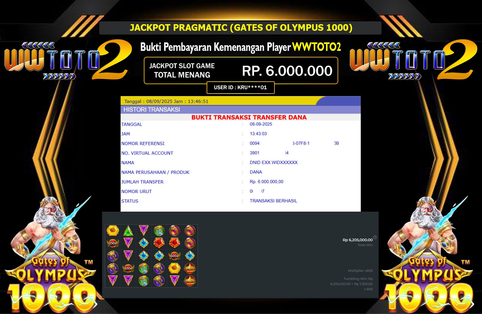 WWTOTO2 JACKPOT PRAGMATIC (GATES OF OLYMPUS 1000) Rp.6.000.000,- LUNAS