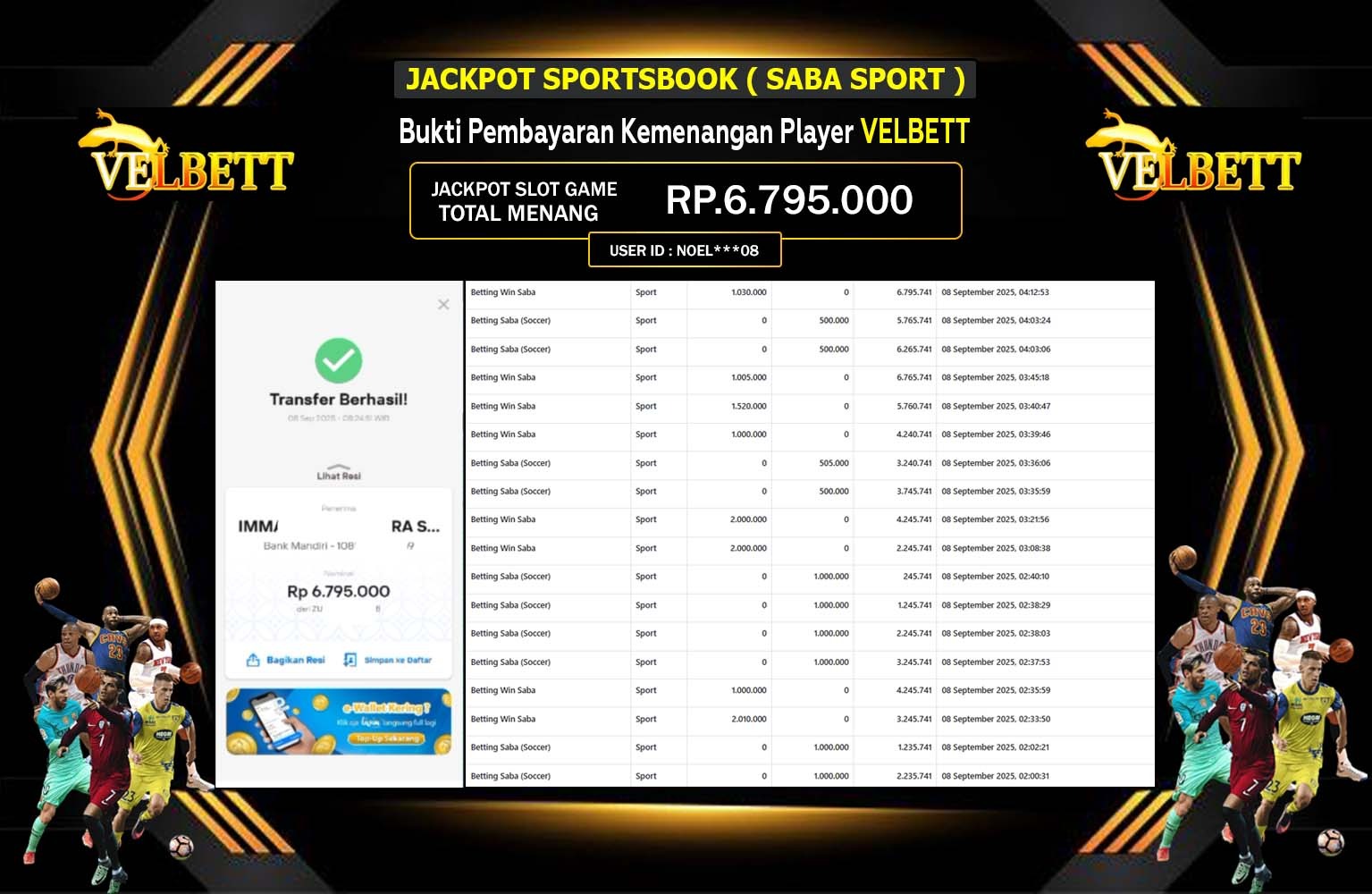 VELBETT JACKPOT SPORTSBOOK (SABA SPORT) Rp.6.795.000,- LUNAS