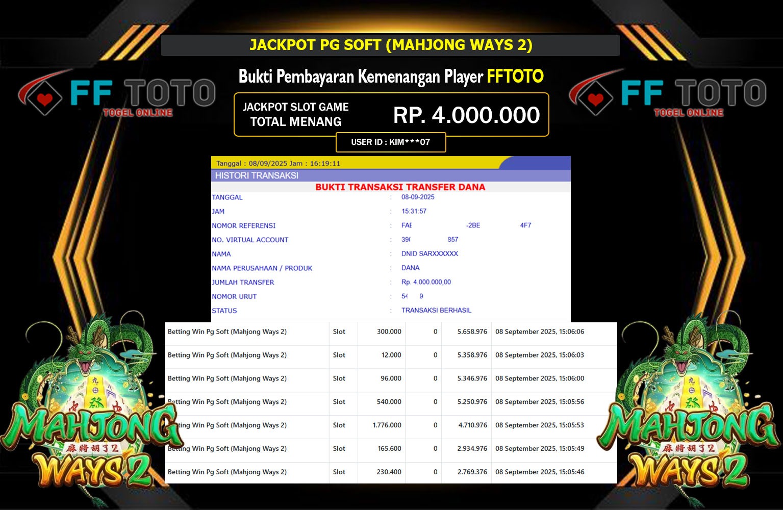 FFTOTO JACKPOT PG SOFT (MAHJONG WAYS 2) Rp.4.000.000,- LUNAS