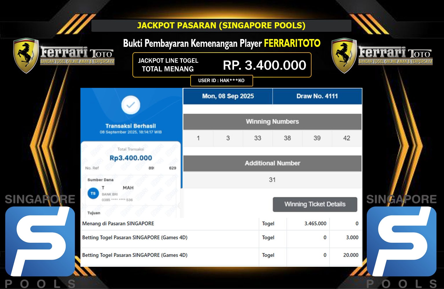 FERRARITOTO JACKPOT PASARAN (SINGAPORE POOLS) Rp.3.400.000,- LUNAS