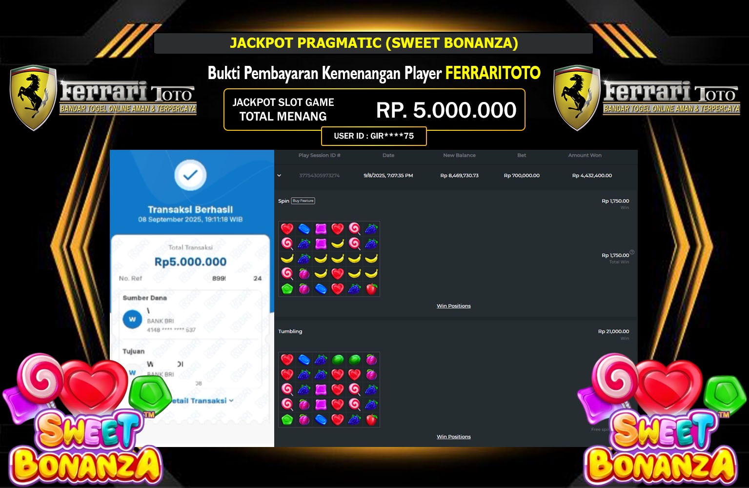 FERRARITOTO JACKPOT PRAGMATIC (SWEET BONANZA) Rp.5.000.000,- LUNAS