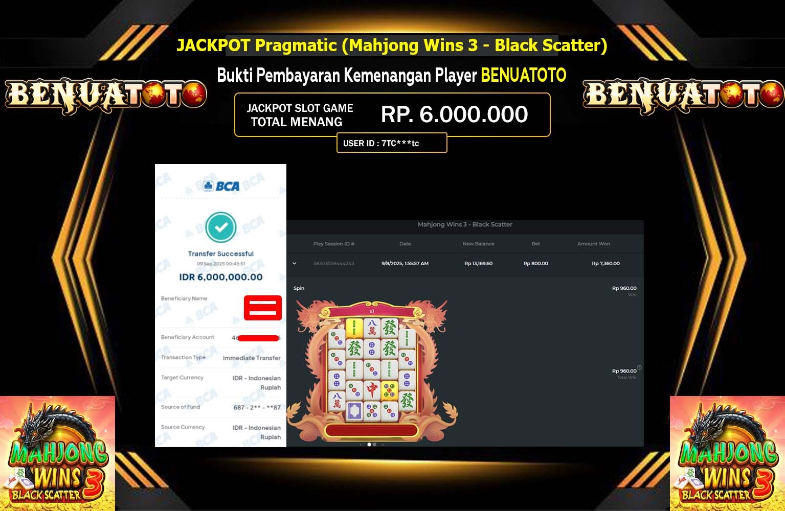 BENUATOTO JACKPOT PG SOFT (Mahjong Wins 3 - Black Scatter) Rp.6.000.000,- LUNAS