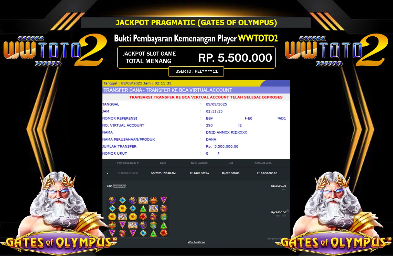 WWTOTO2 JACKPOT PRAGMATIC (GATES OF OLYMPUS) Rp.5.500.000,- LUNAS