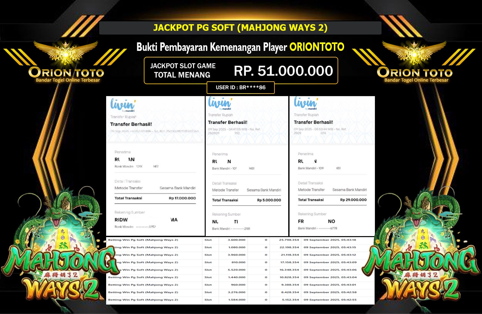 ORIONTOTO JACKPOT PG SOFT (MAHJONG WAYS 2) Rp.51.000.000,- LUNAS