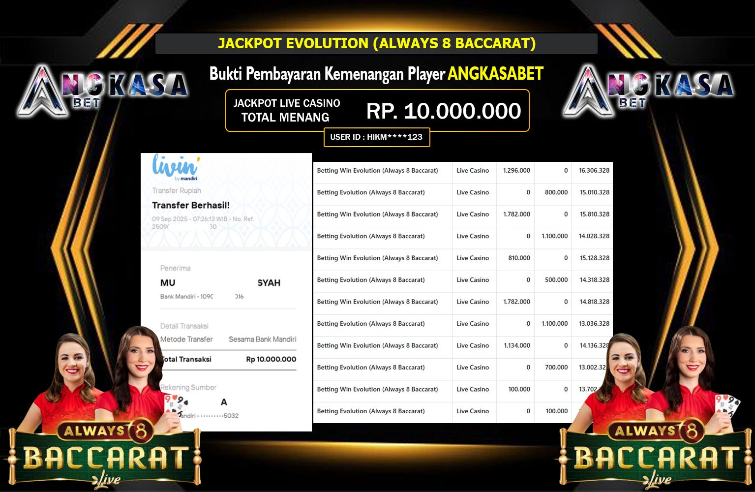 ANGKASABET JACKPOT EVOLUTION (ALWAYS 8 BACCARAT) Rp.10.000.000,- LUNAS