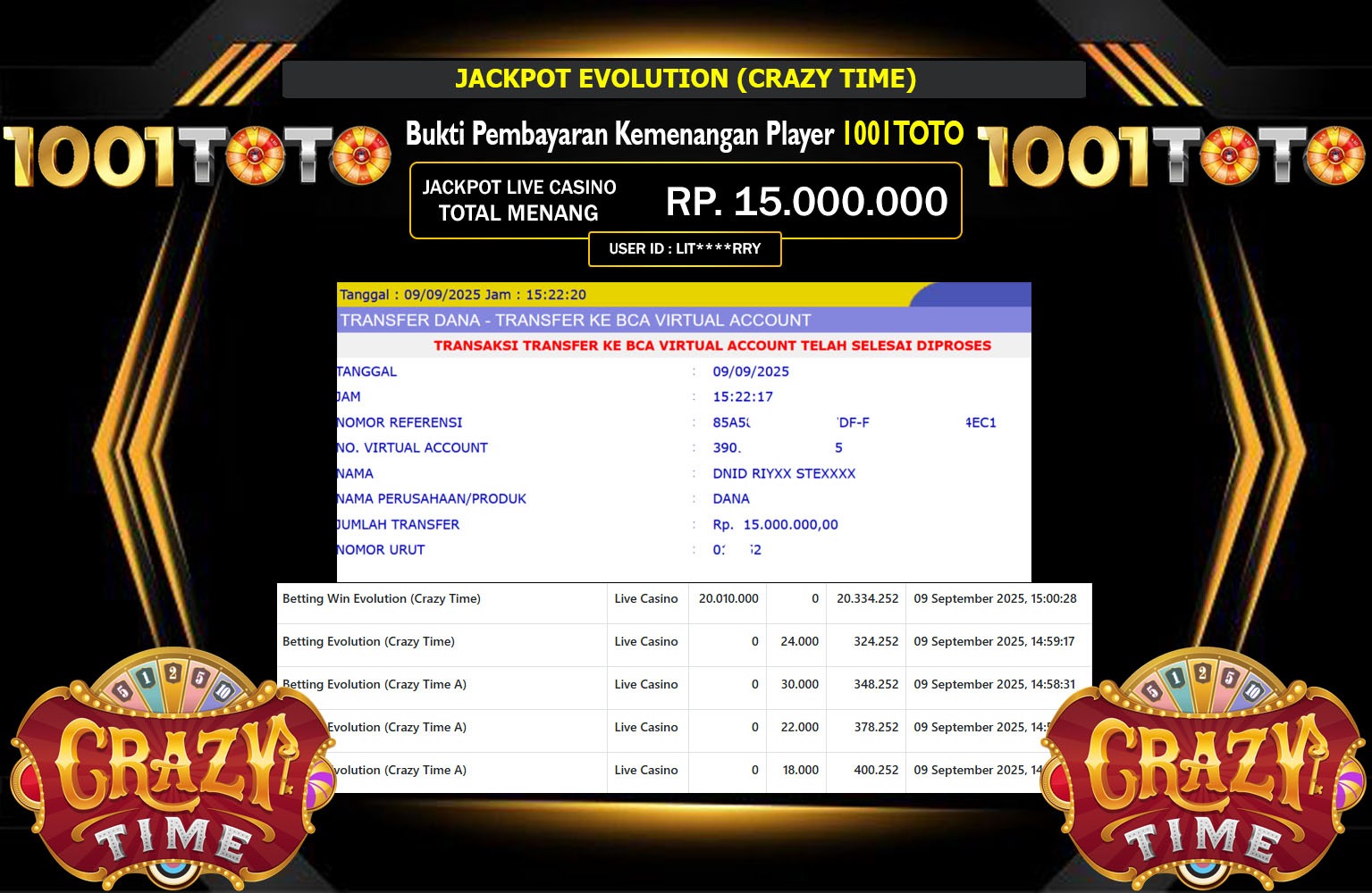 1001TOTO JACKPOT EVOLUTION (CRAZY TIME) Rp.15.000.000,- LUNAS