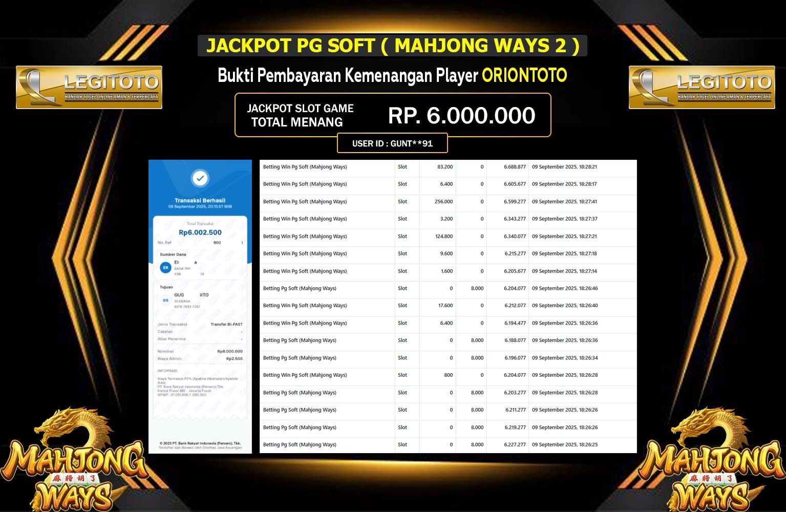LEGITOTO JACKPOT PG SOFT (MAHJONG WAYS) Rp.6.000.000,- LUNAS