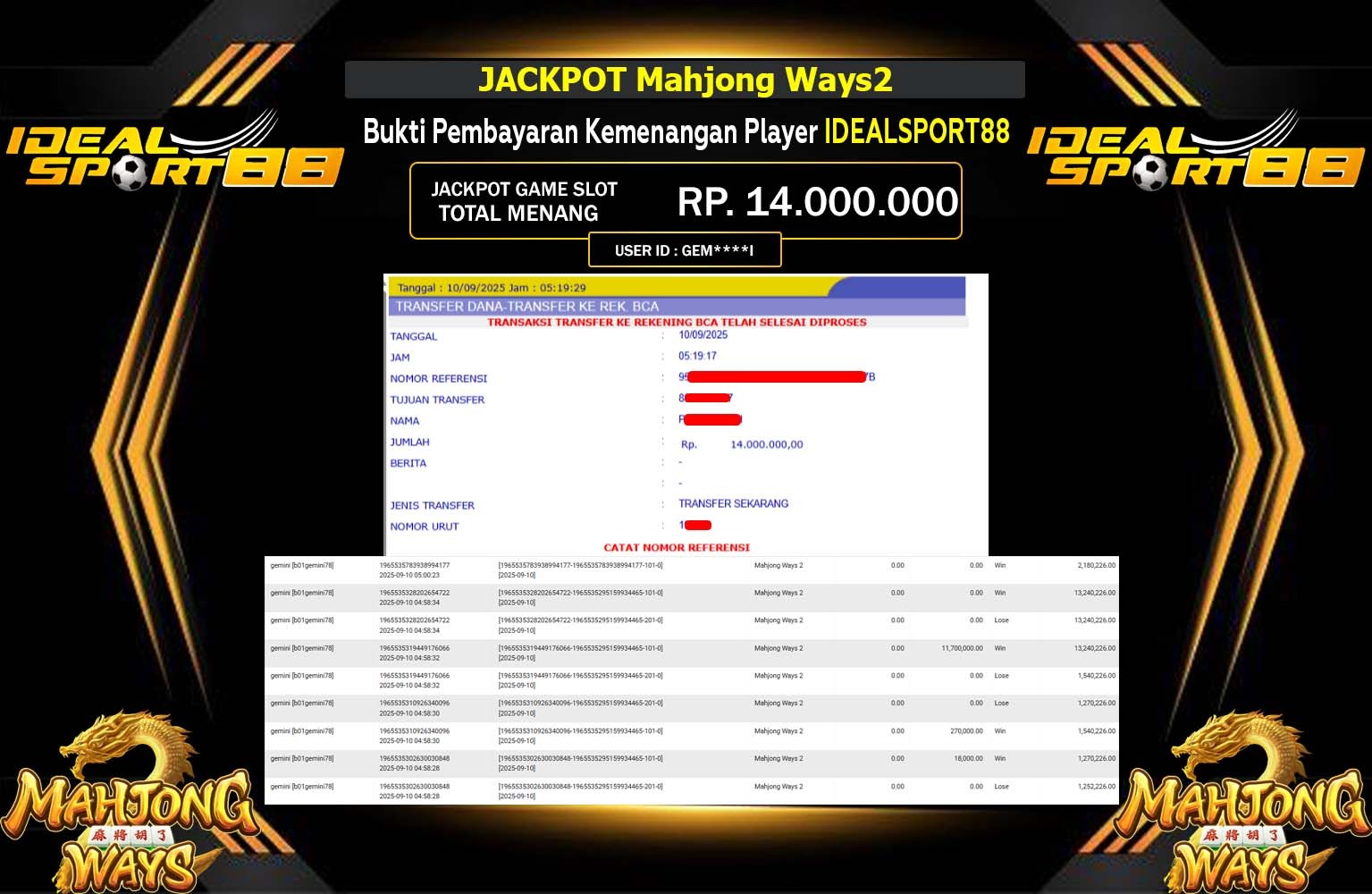 IDEALSPORT88 JACKPOT PG SOFT (MAHJONG WAYS 2) Rp.14.000.000,- LUNAS
