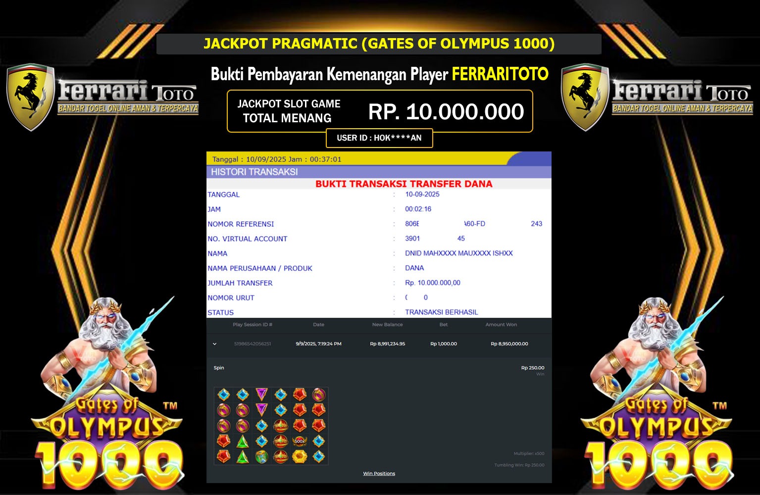 FERRARITOTO JACKPOT PRAGMATIC (GATES OF OLYMPUS 1000) Rp.10.000.000,- LUNAS