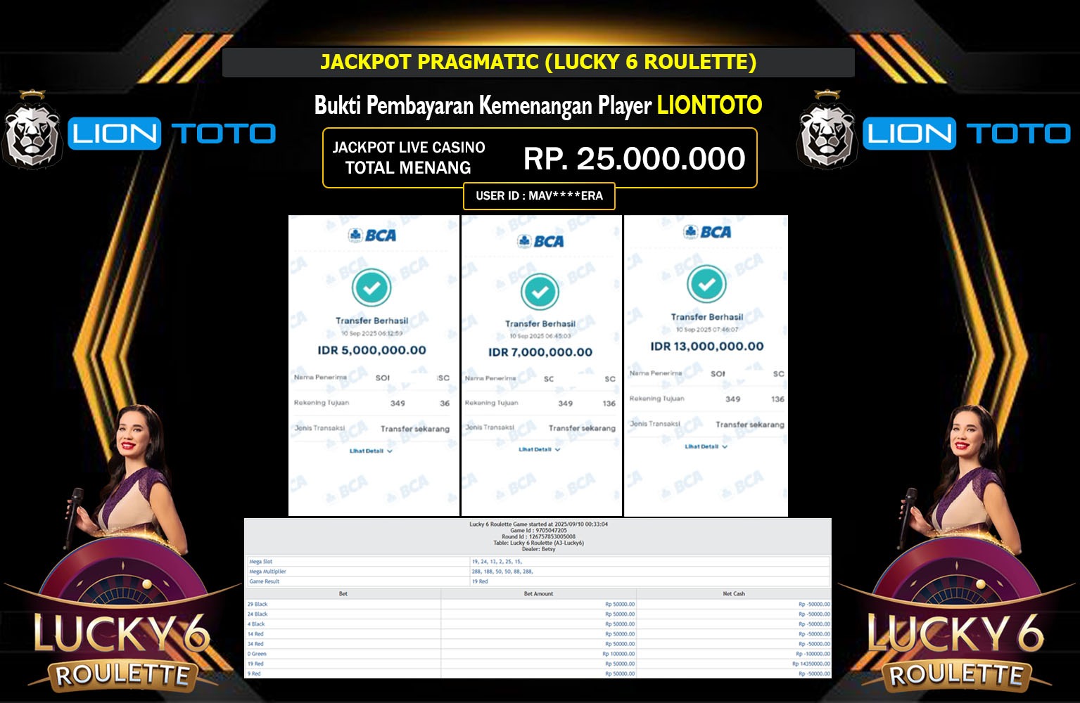 LIONTOTO JACKPOT PRAGMATIC (LUCKY 6 ROULETTE) Rp.25.000.000,- LUNAS