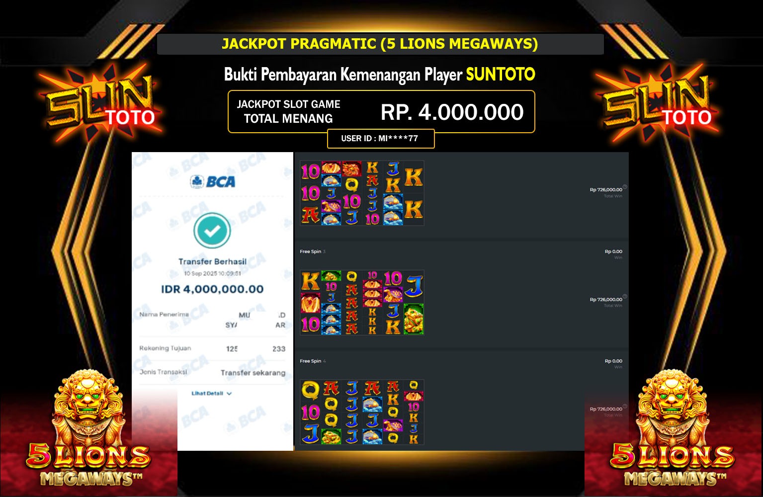 SUNTOTO JACKPOT PRAGMATIC (5 LIONS MEGAWAYS) Rp.4.000.000,- LUNAS