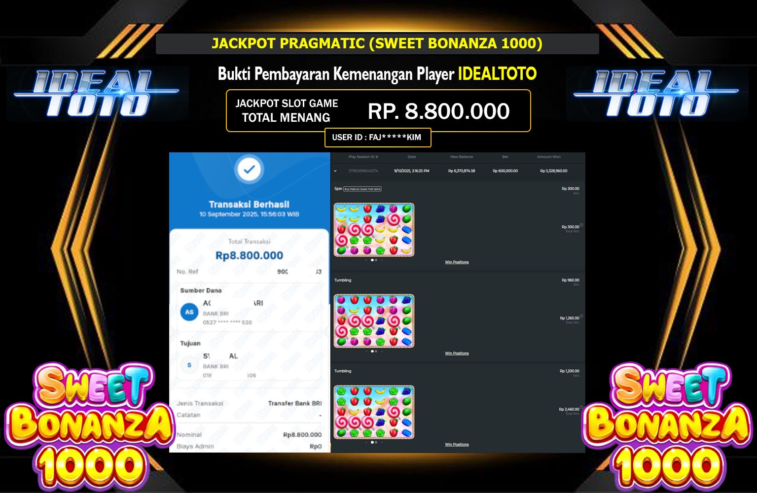 IDEALTOTO JACKPOT PRAGMATIC (SWEET BONANZA 1000) Rp.8.800.000,- LUNAS