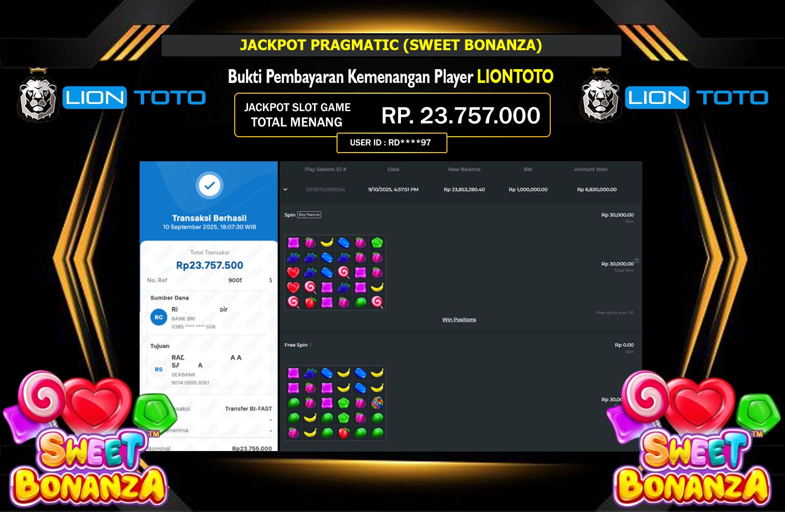 LIONTOTO JACKPOT PRAGMATIC (SWEET BONANZA) Rp.23.757.000,- LUNAS