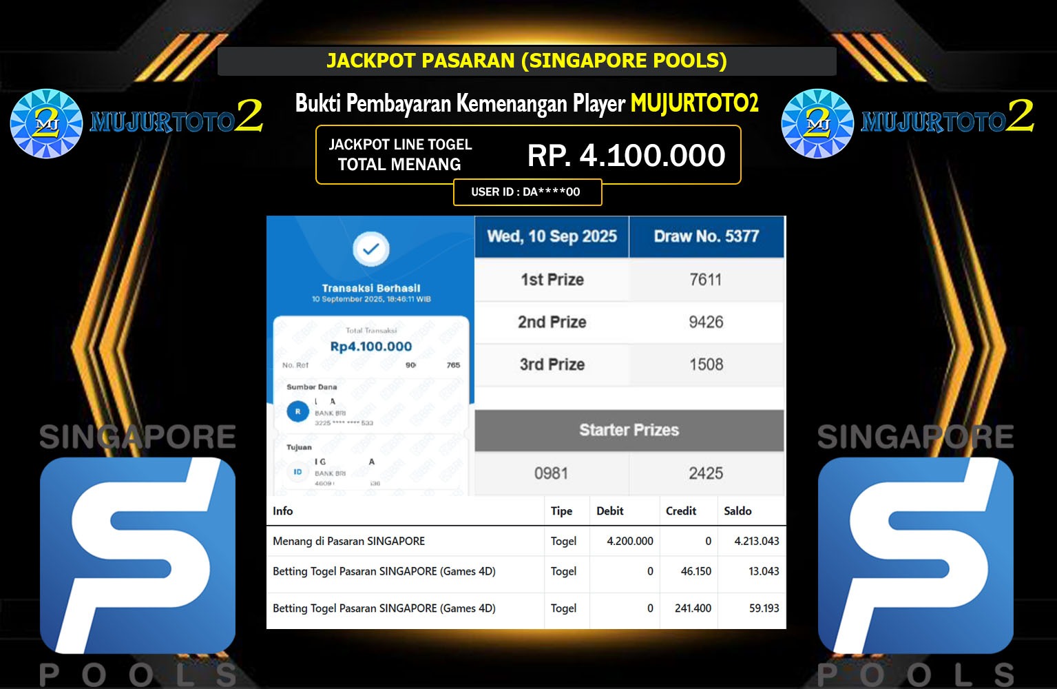 MUJURTOTO2 JACKPOT PASARAN (SINGAPORE POOLS) Rp.4.100.000,- LUNAS