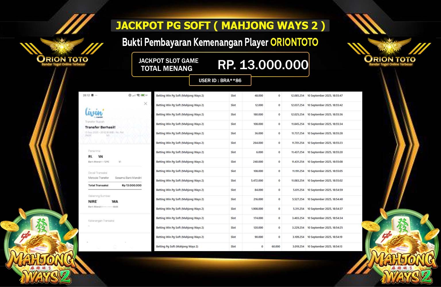ORIONTOTO JACKPOT PG SOFT (MAHJONG WAYS 2) Rp.13.000.000,- LUNAS