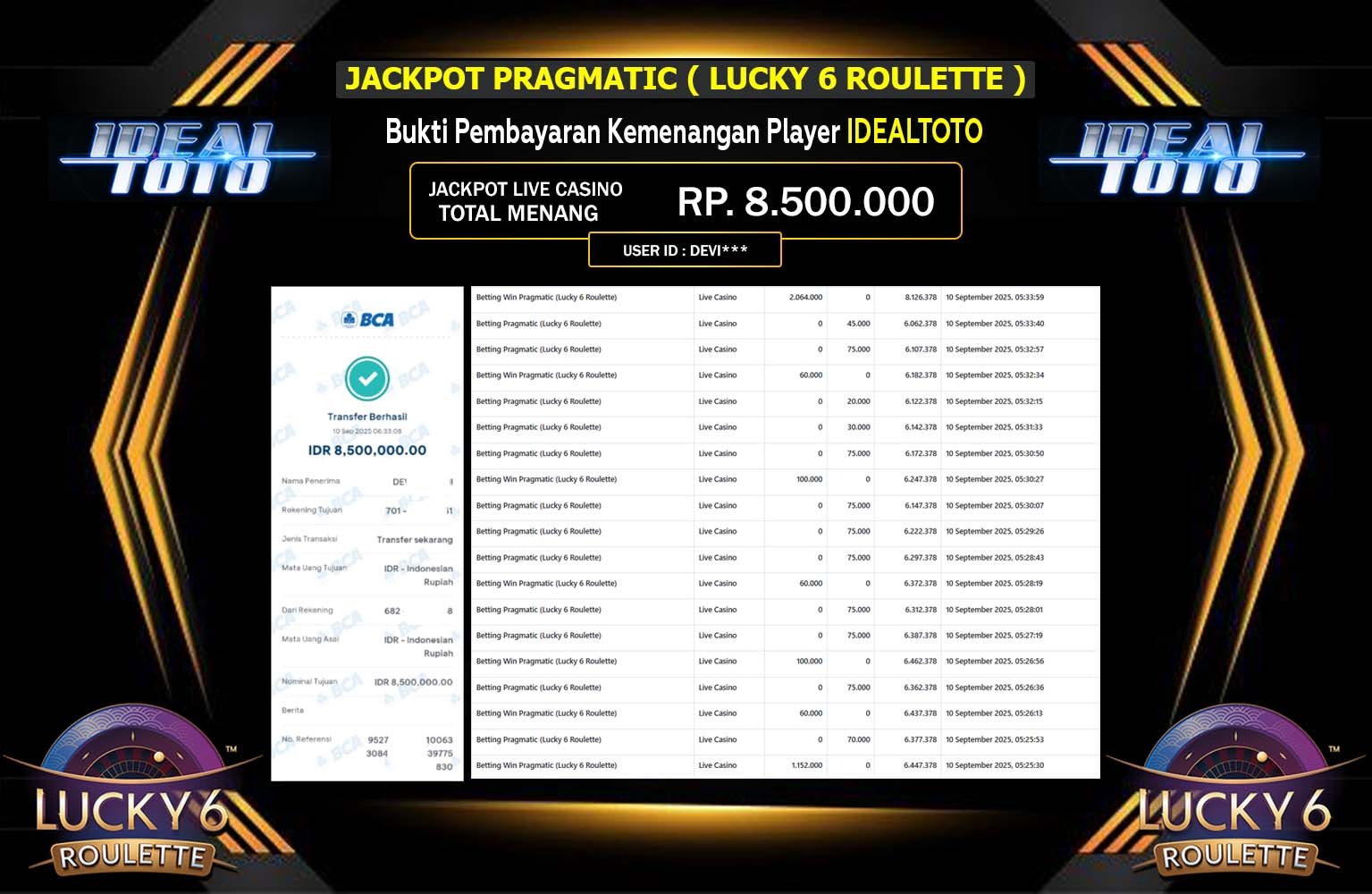 IDEALTOTO JACKPOT PRAGMATIC (LUCKY 6 ROULETTE) Rp.8.500.000,- LUNAS