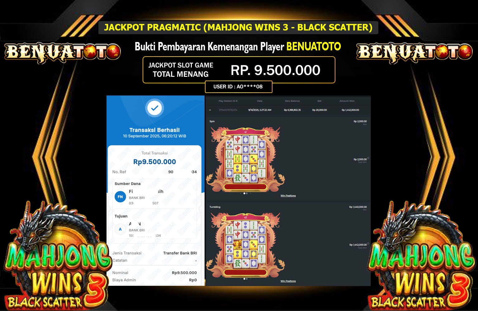BENUATOTO JACKPOT PRAGMATIC (MAHJONG WINS 3 - BLACK SCATTER) Rp.9.500.000,- LUNAS
