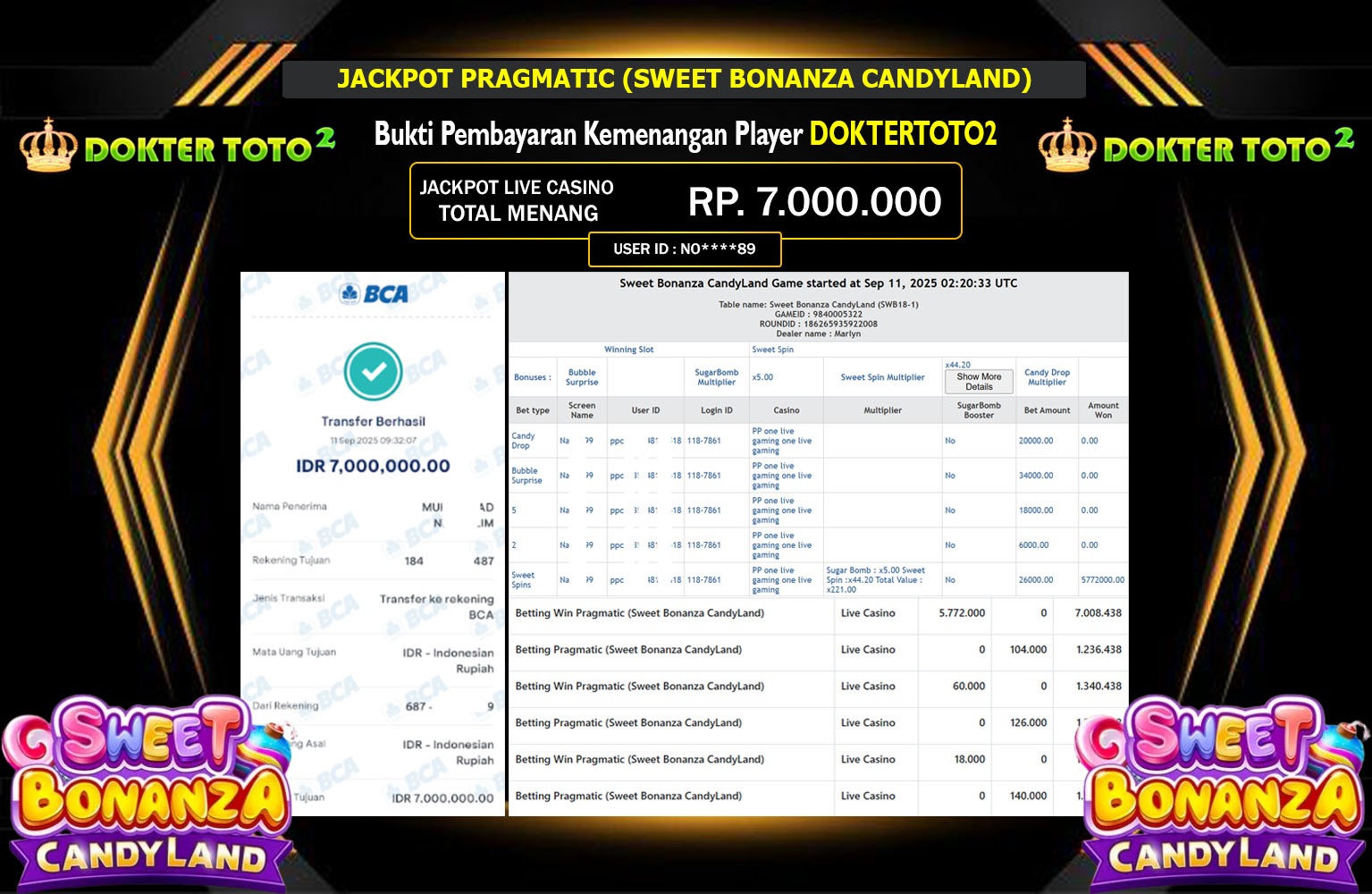 DOKTERTOTO2 JACKPOT PRAGMATIC (SWEET BONANZA CANDYLAND) Rp.7.000.000,- LUNAS