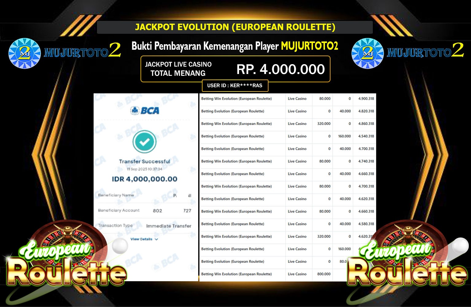 MUURTOTO2 JACKPOT EVOLUTION (EUROPEAN ROULETTE) Rp.4.000.000,- LUNAS