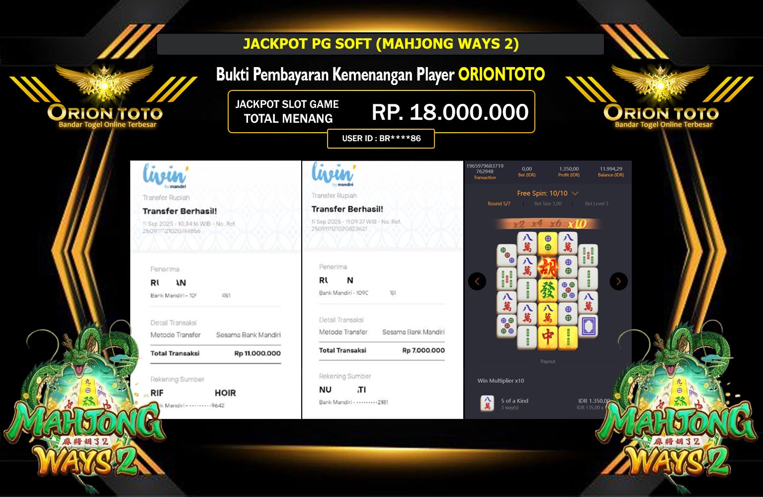 ORIONTOTO JACKPOT PG SOFT (MAHJONG WAYS 2) Rp.18.000.000,- LUNAS