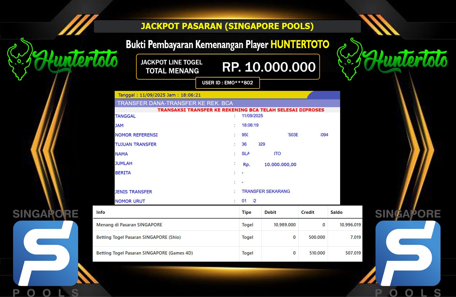 HUNTERTOTO JACKPOT PASARAN (SINGAPORE POOLS) Rp.10.000.000,- LUNAS
