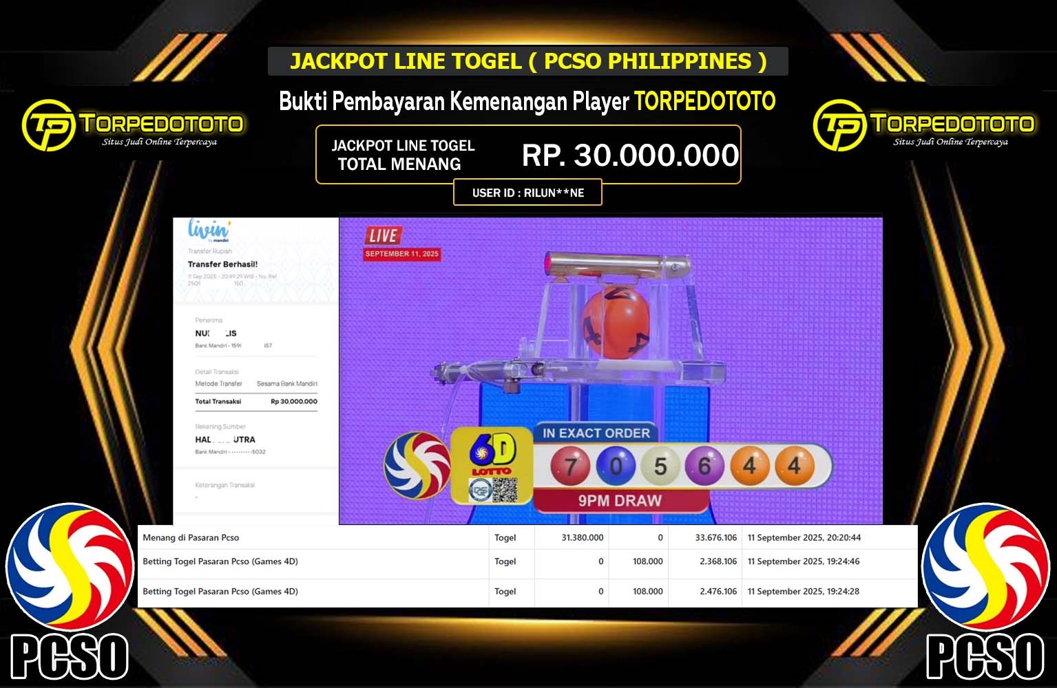 TORPEDOTOTO JACKPOT PASARAN (PCSO PHILIPPINES) Rp.30.000.000,- LUNAS
