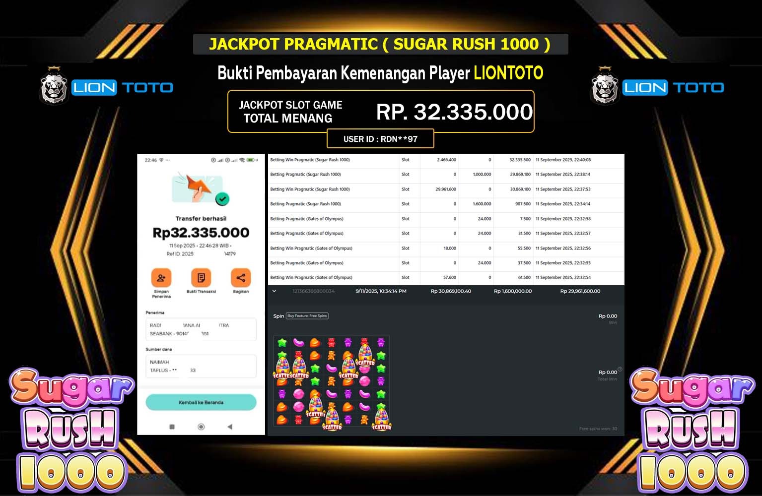 LIONTOTO JACKPOT PRAGMATIC (SUGAR RUSH 1000) Rp.32.335.000,- LUNAS
