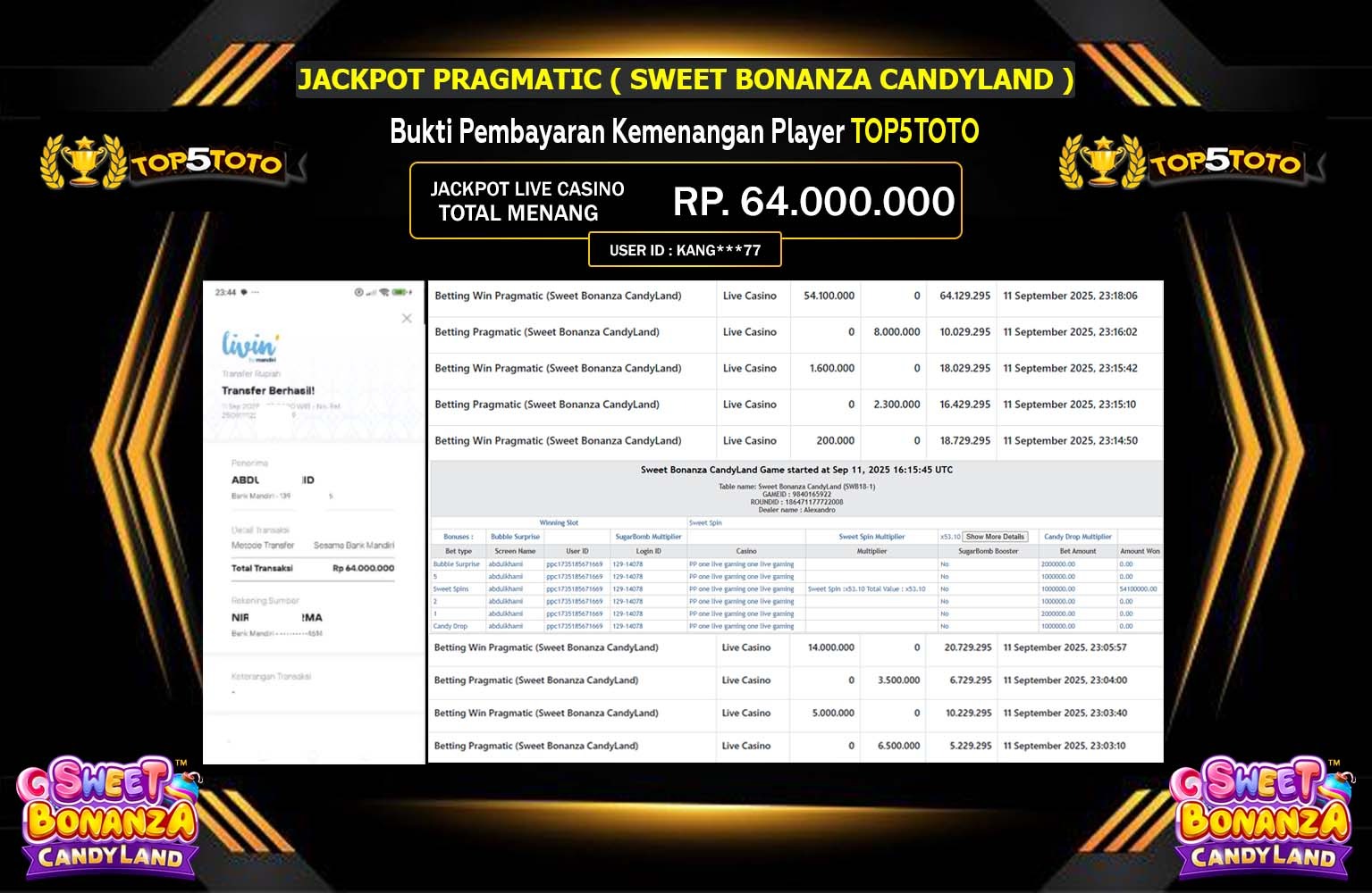 TOP5TOTO JACKPOT PRAGMATIC (Sweet Bonanza CandyLand) Rp.64.000.000,- LUNAS