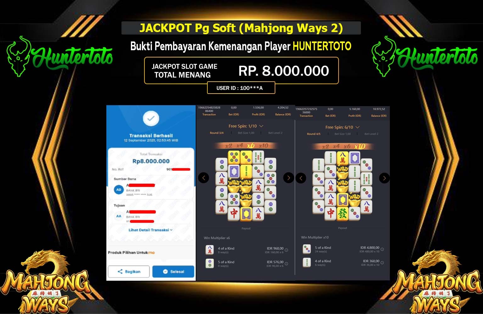HUNTERTOTO JACKPOT PG SOFT (MAHJONG WAYS 2) Rp.8.000.000,- LUNAS