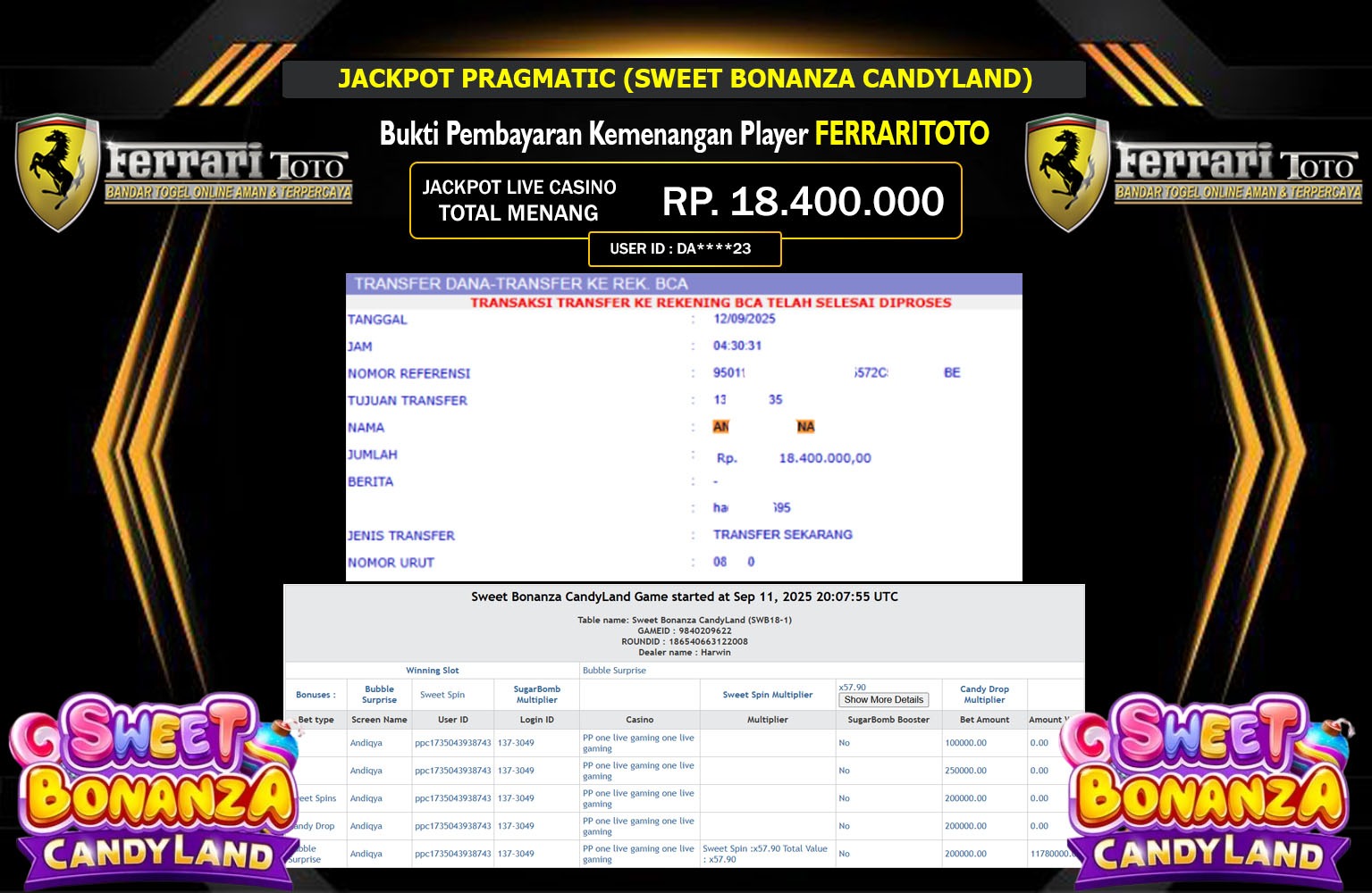 FERRARITOTO JACKPOT PRAGMATIC (SWEET BONANZA CANDYLAND) Rp.18.400.000,- LUNAS