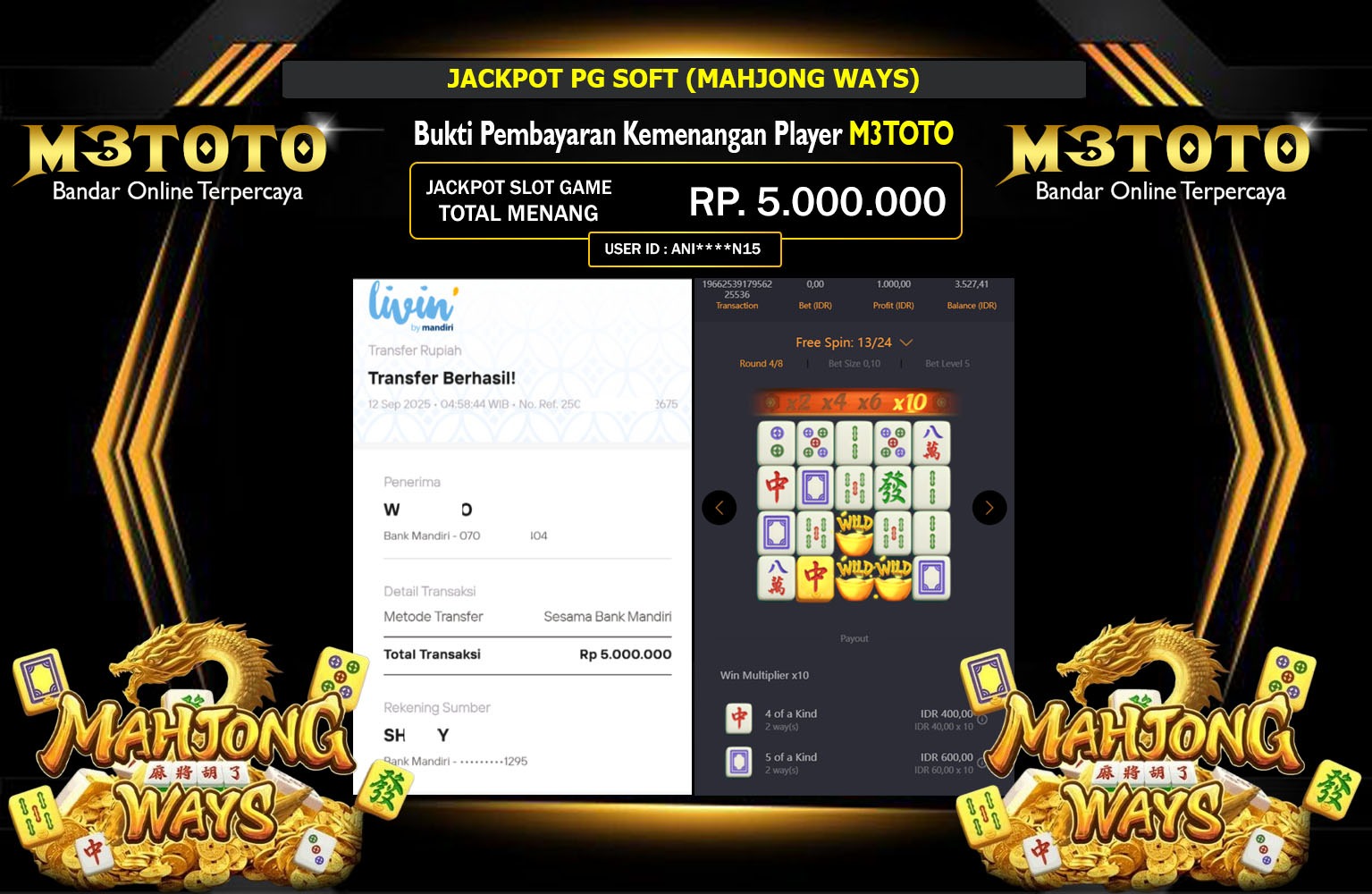 M3TOTO JACKPOT PG SOFT (MAHJONG WAYS) Rp.5.000.000,- LUNAS