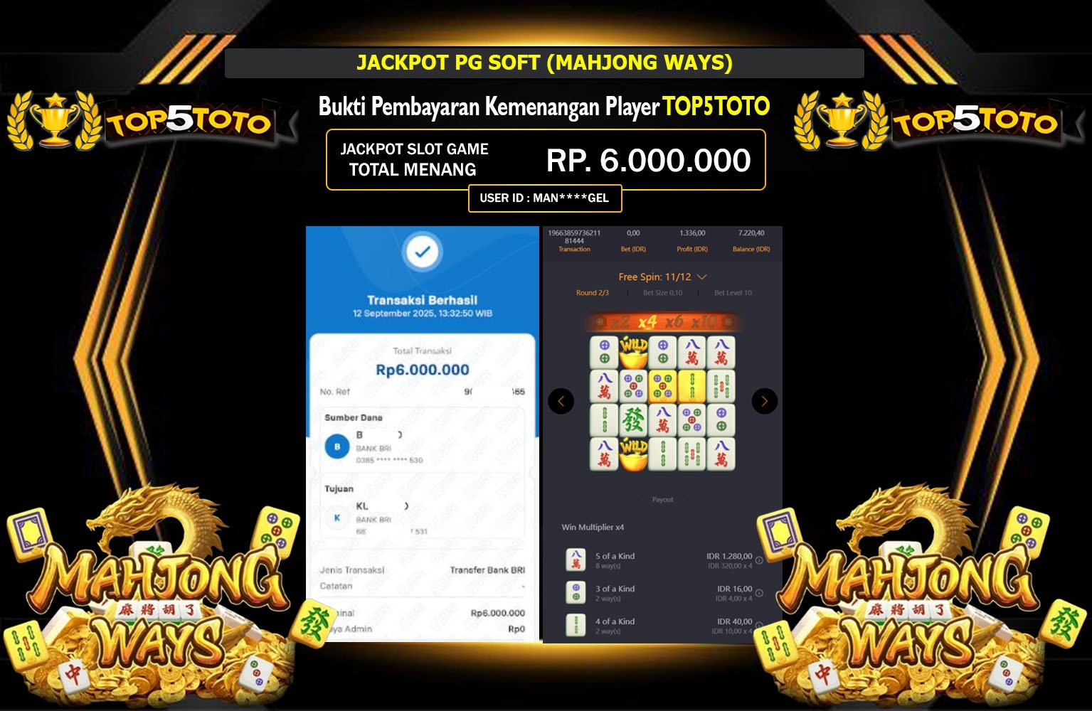 TOP5TOTO JACKPOT PG SOFT (MAHJONG WAYS) Rp.6.000.000,- LUNAS
