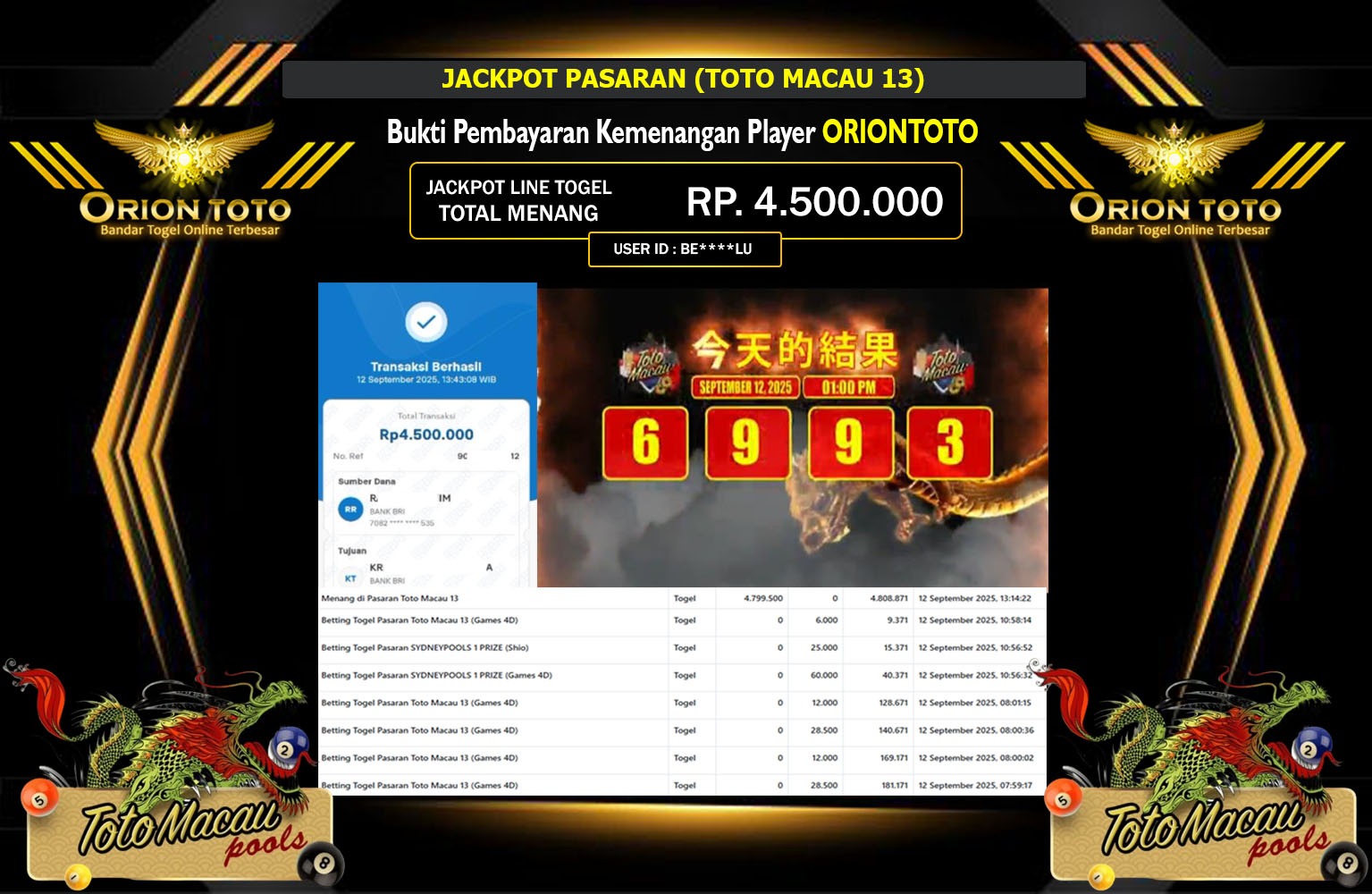 ORIONTOTO JACKPOT PASARAN (TOTO MACAU 13) Rp.4.500.000,- LUNAS