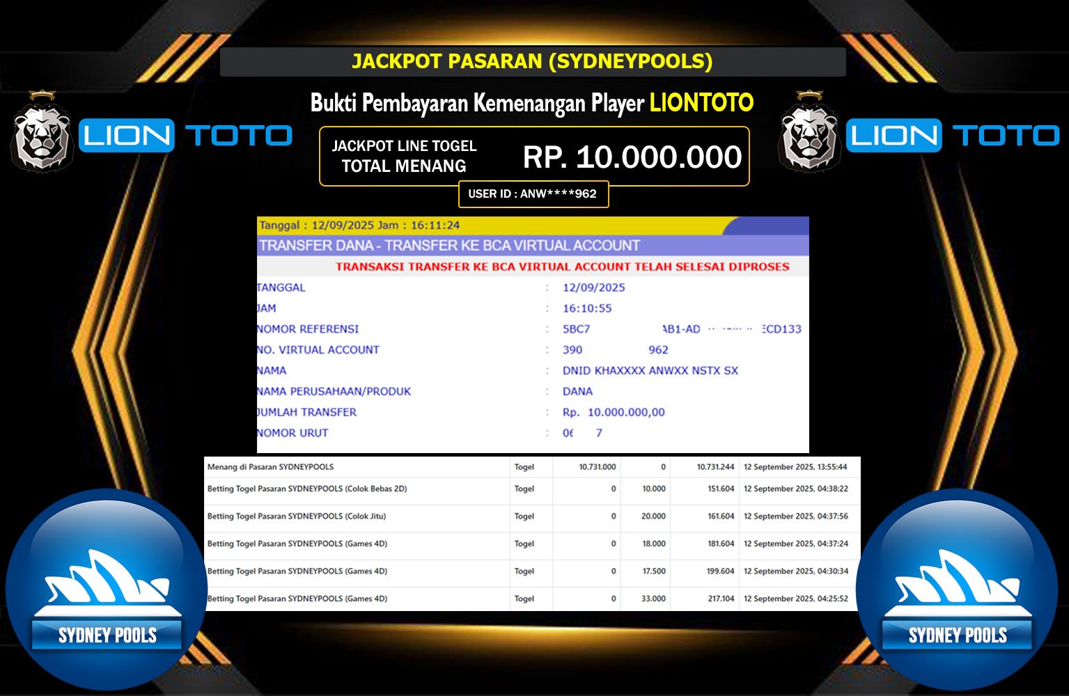 LIONTOTO JACKPOT PASARAN (SYDNEYPOOLS) Rp.10.000.000,- LUNAS