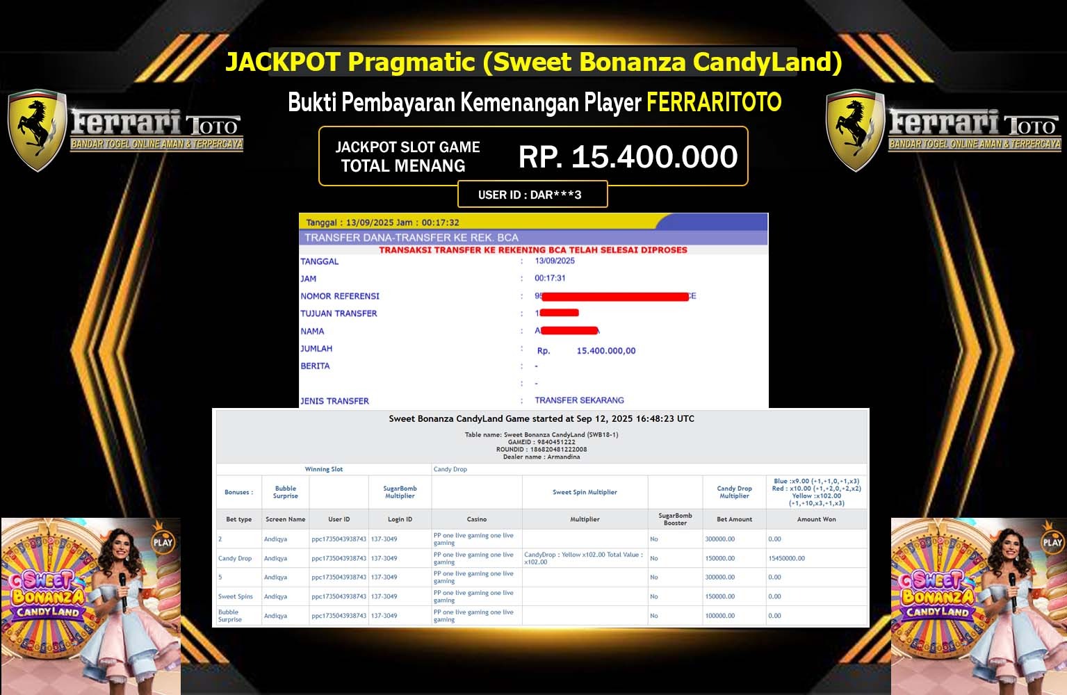 FERRARITOTO JACKPOT PRAGMATIC (SWEET BONANZA CANDYLAND) Rp.15.400.000,- LUNAS