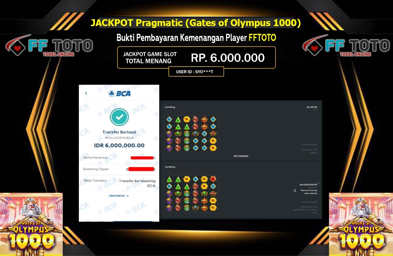 FFTOTO JACKPOT PRAGMATIC (GATES OF OLYMPUS 1000) Rp.6.000.000,- LUNAS