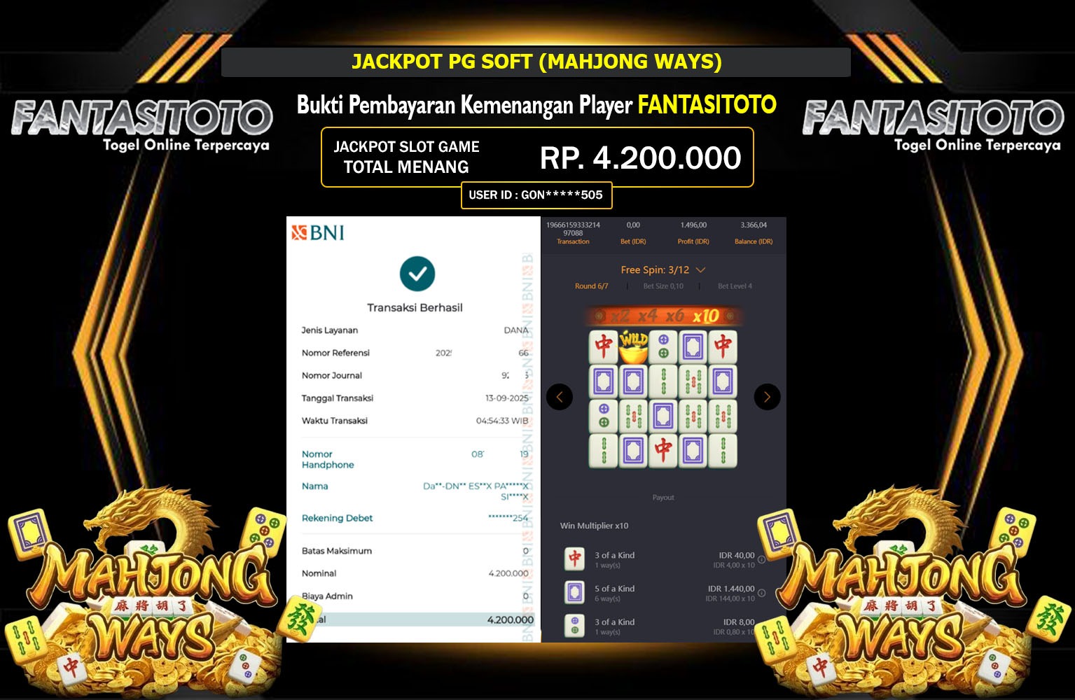 FANTASITOTO JACKPOT PG SOFT (MAHJONG WAYS) Rp.4.200.000,- LUNAS
