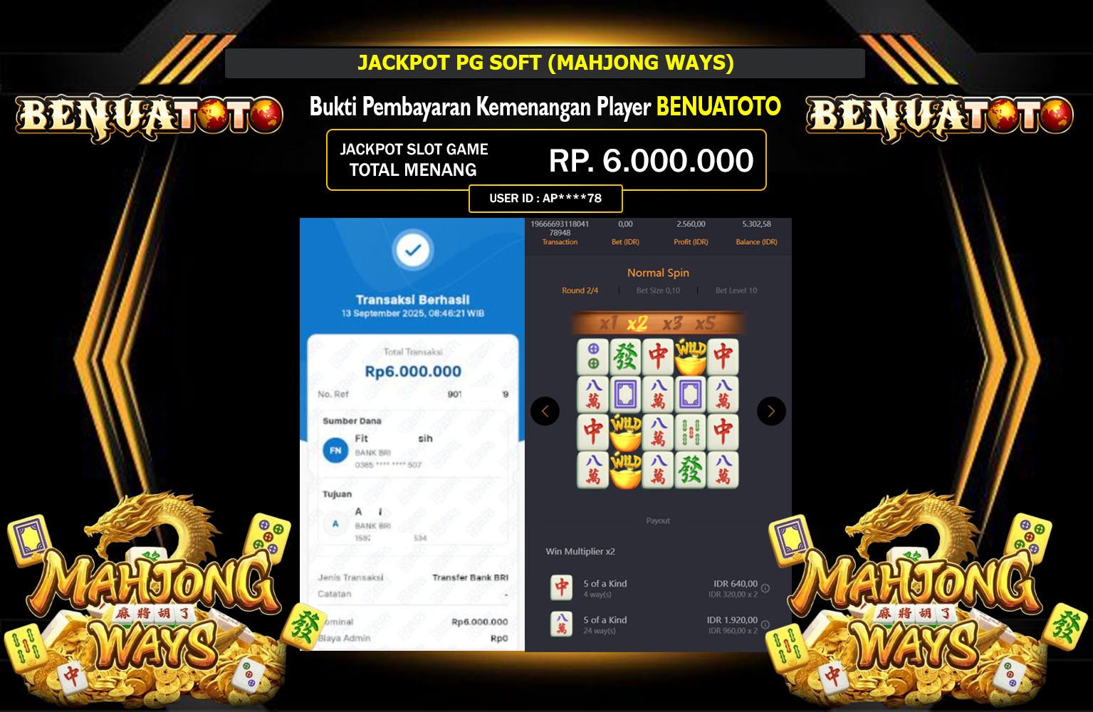 BENUATOTO JACKPOT PG SOFT (MAHJONG WAYS) Rp.6.000.000,- LUNAS