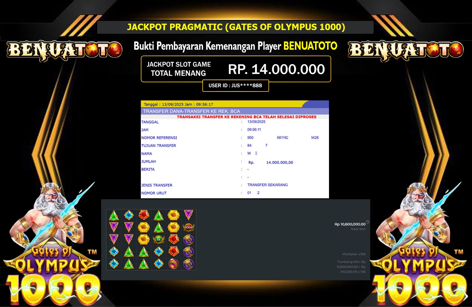 BENUATOTO JACKPOT PRAGMATIC (GATES OF OLYMPUS 1000) Rp.14.000.000,- LUNAS
