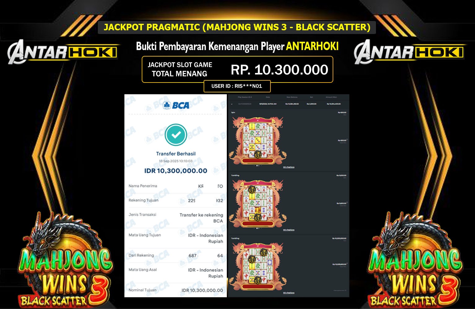 ANTARHOKI JACKPOT PRAGMATIC (MAHJONG WINS 3 - BLACK SCATTER) Rp.10.300.000,- LUNAS