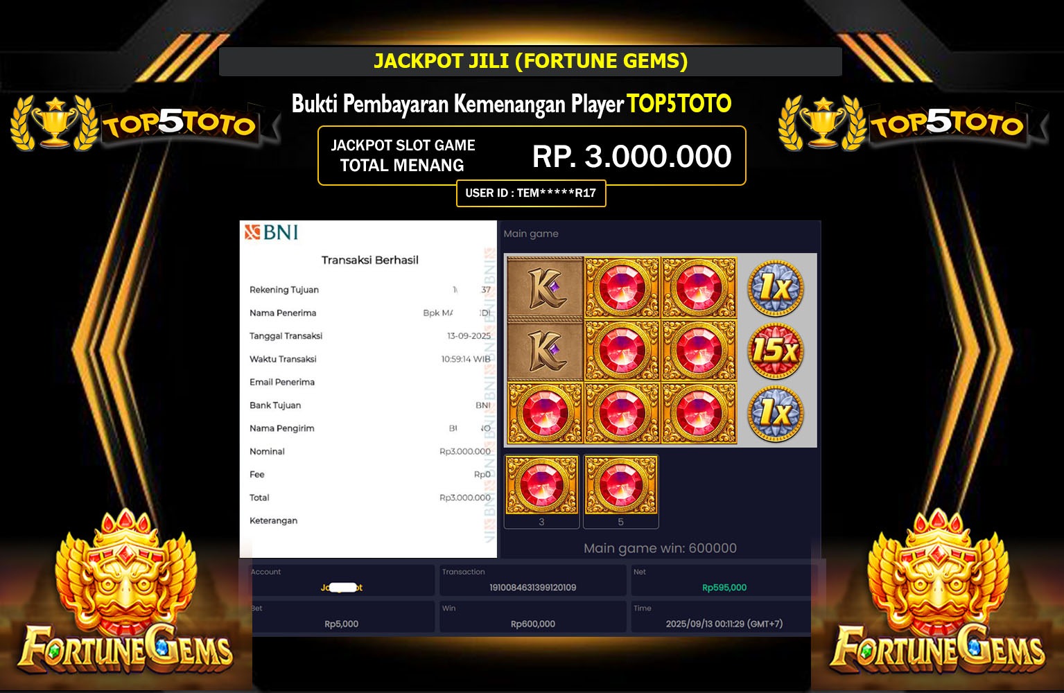 TOP5TOTO JACKPOT JILI (FORTUNE GEMS) Rp.3.000.000,- LUNAS
