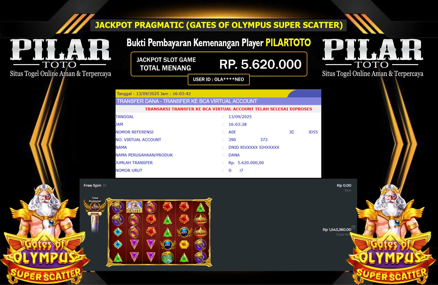PILARTOTO JACKPOT PRAGMATIC (GATES OF OLYMPUS SUPER SCATTER) Rp.5.620.000,- LUNAS