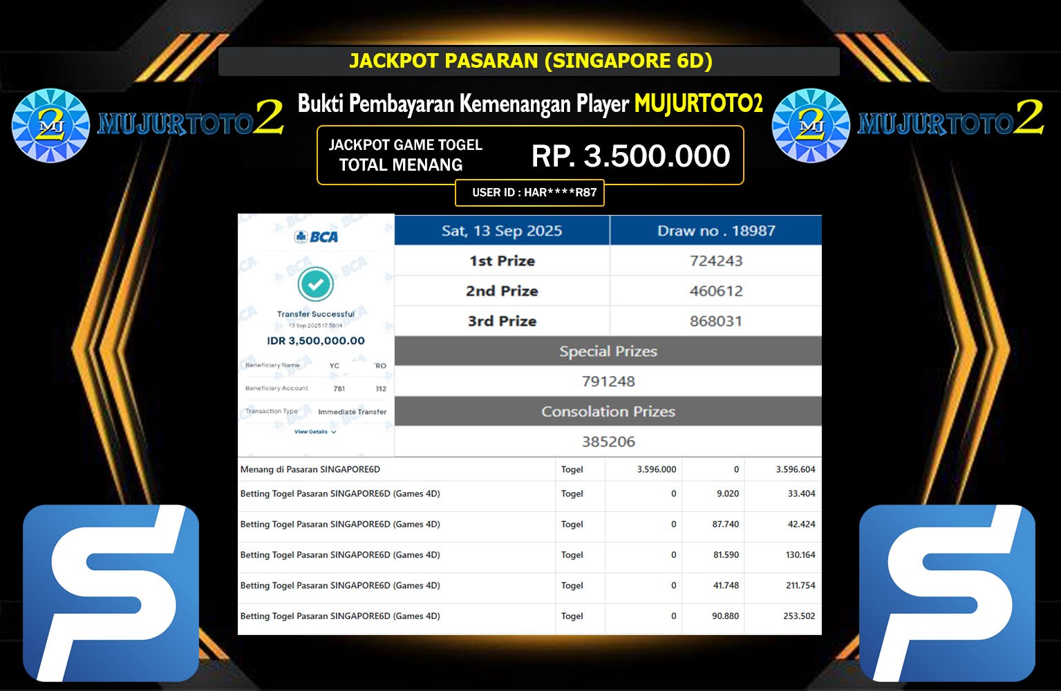 MUJURTOTO2 JACKPOT PASARAN (SINGAPORE 6D) Rp.3.500.000,- LUNAS