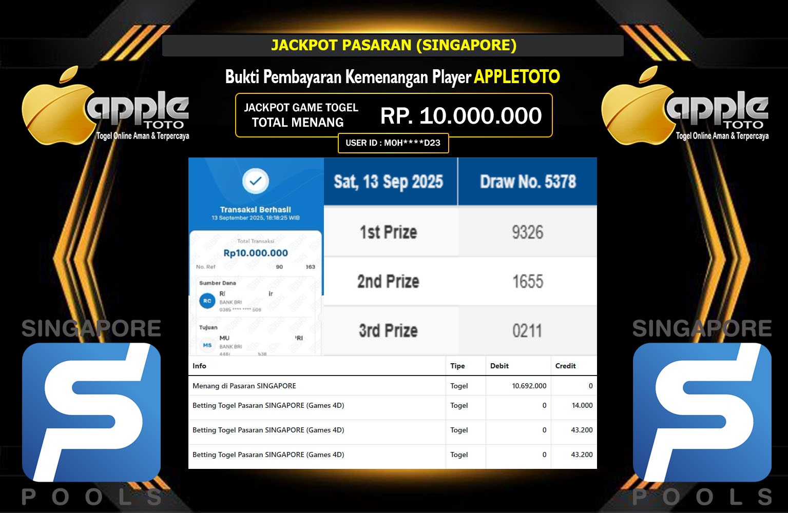 APPLETOTO JACKPOT PASARAN (SINGAPORE) Rp.10.000.000,- LUNAS