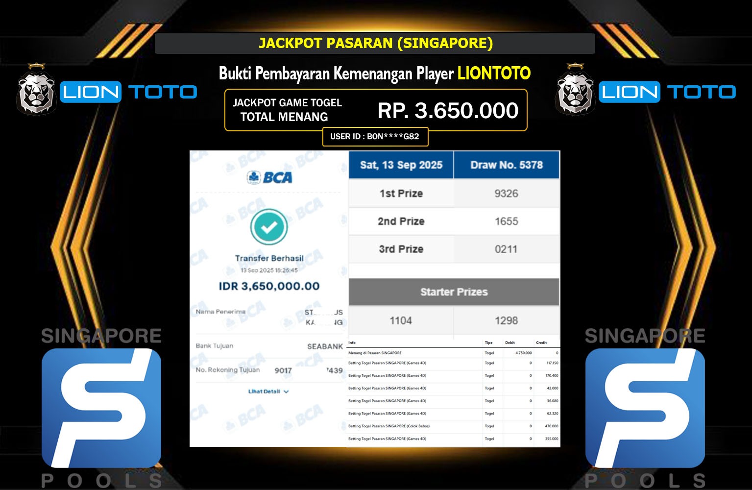 LIONTOTO JACKPOT PASARAN (SINGAPORE) Rp.3.650.000,- LUNAS
