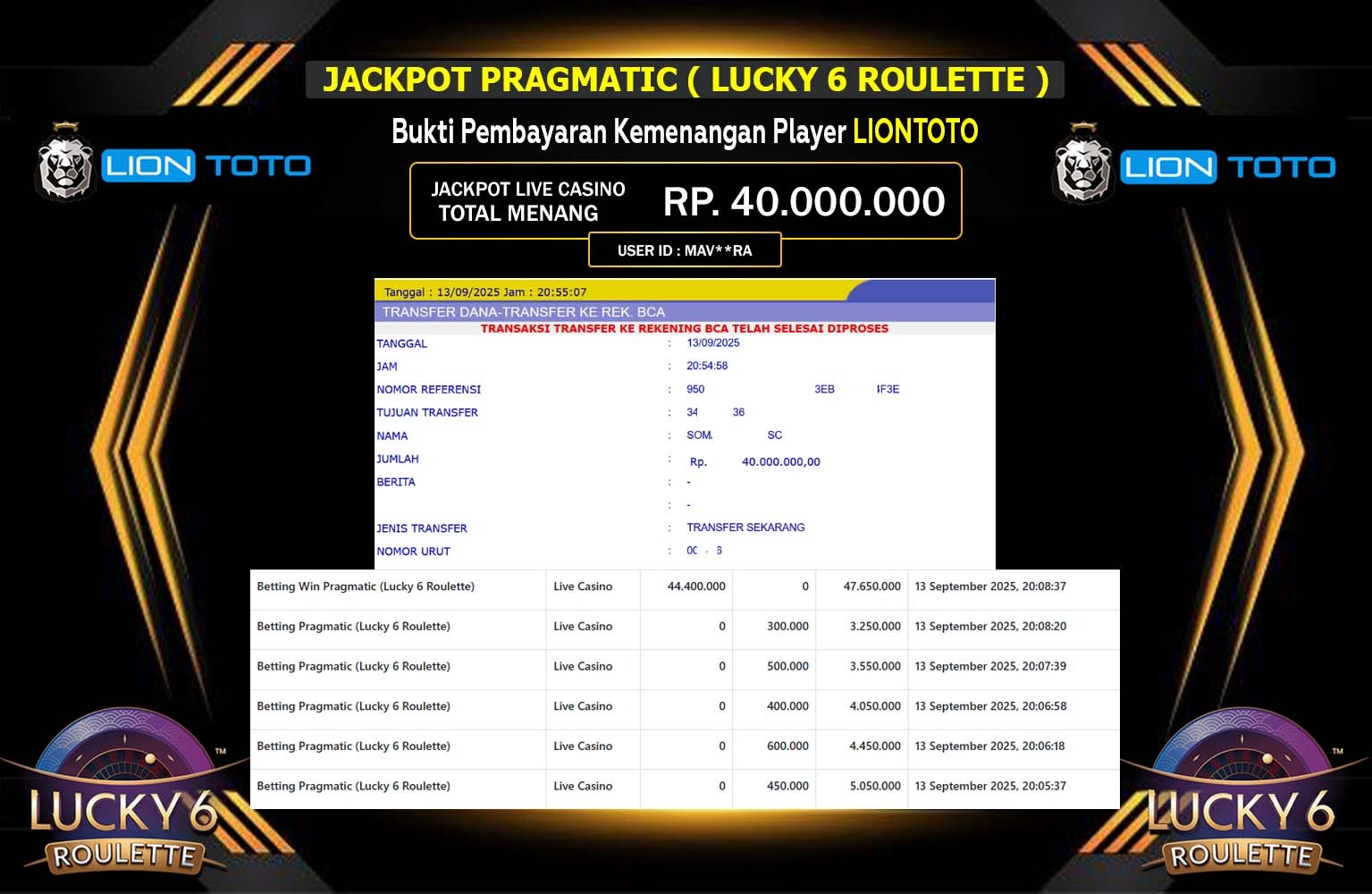 LIONTOTO JACKPOT PRAGMATIC (Lucky 6 Roulette) Rp.40.000.000,- LUNAS